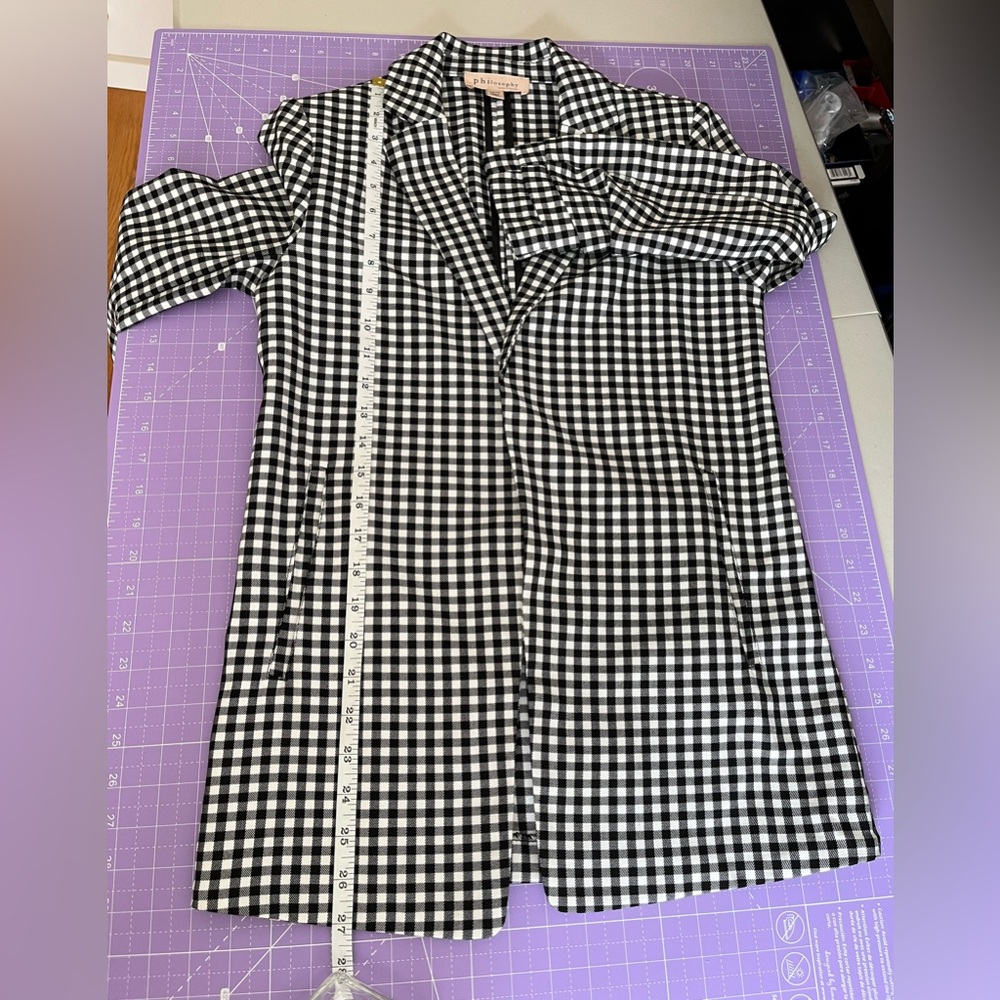 Black & White Gingham Open Front Blazer Ruched Sleeves Extra Small, Like New - Picture 5 of 11